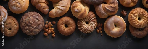 Bakery horizontal banner design. Top view. Copy space. Ai images generative.
