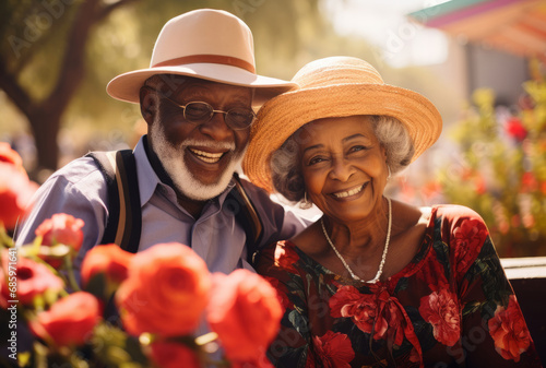 Joyful African American Senior Couple Embracing Amongst Vibrant Roses  © Artbotics