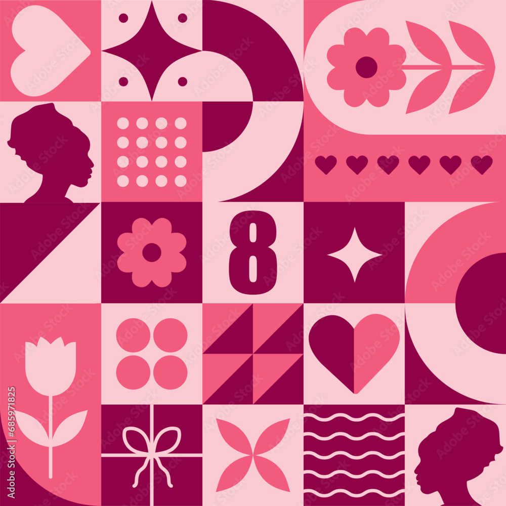 8 march modern neo geometric poster. International womens day. Abstract background with simple icons in bauhaus minimalist style. Vector illustration. Trendy greeting card template. 8 march modern neo geometric poster. International womens day. Abstract background with simple icons in bauhaus minimalist style. Vector illustration. Trendy greeting card template.