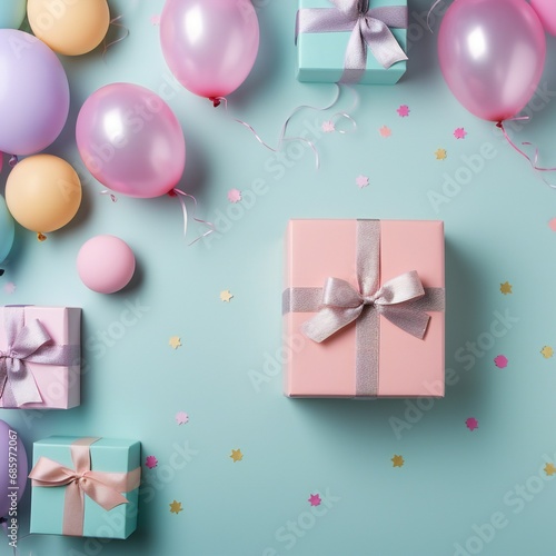 Birthday background with gift or present box, balloons and confetti on blue pastel table top view. Flat lay composition.