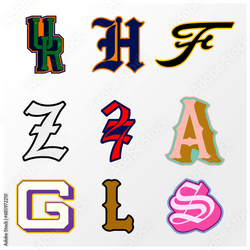 pack logos graphic, pack retro college university with sport, dynamic letterings. gothic graphics, health and fitness club summer SS23 baseball crest sport 