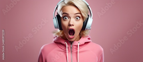 Shocked blonde woman in sportswear and headphones, with a skeptical and sarcastic expression, open-mouthed in surprise. photo