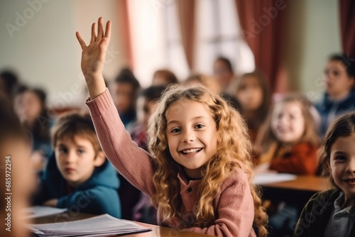 Primary schoolgirl raise hand to answer a question during class in the classroom. Back to school concept. Generative AI.