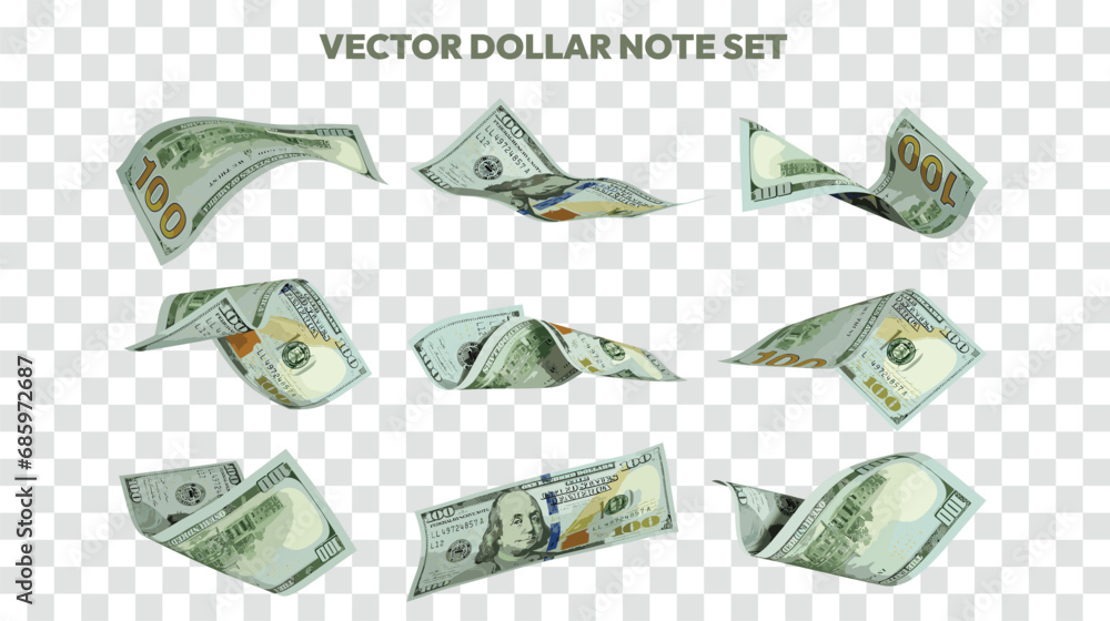 Vector illustration of set of US dollar notes flying in different angles and orientations. Currency note design in Scalable eps format - obrazy, fototapety, plakaty 