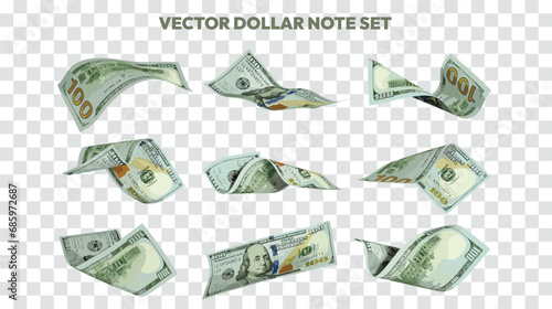 Vector illustration of set of US dollar notes flying in different angles and orientations. Currency note design in Scalable eps format photo