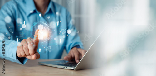 Customer Relationship Management ,Businessman hold of global structure , Data exchanges development. customer service, social media, digital marketing online