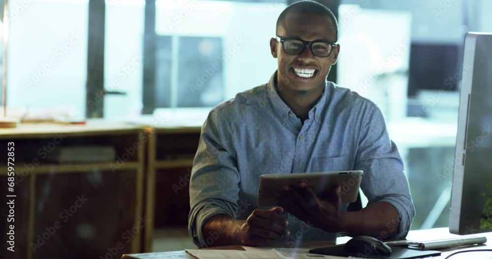 Business man, tablet and smile for online stock market, financial research or company asset management. Face of professional African person on digital technology for data analytics or trading results Business man, tablet and smile for online stock market, financial research or company asset management. Face of professional African person on digital technology for data analytics or trading results