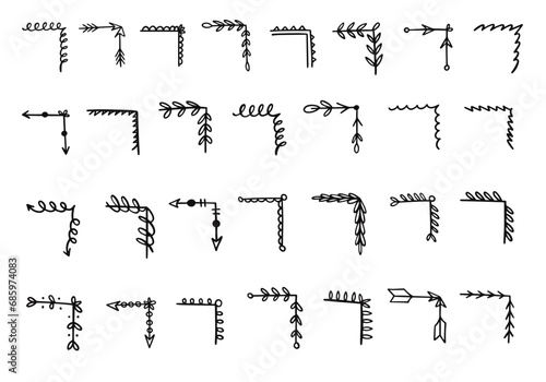Hand drawn Corners set comic style. Black color signs vector art.