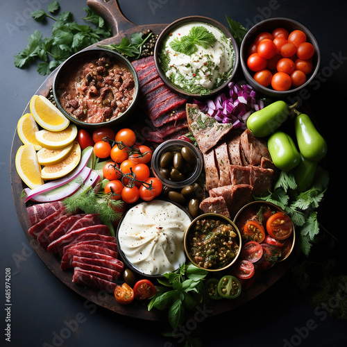 An appetising Turkish meze platter full of vegetables,pickles and meat.