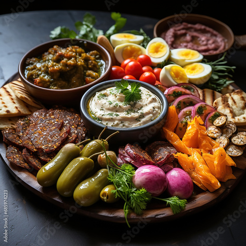 An appetising Turkish meze platter full of vegetables,pickles and meat.