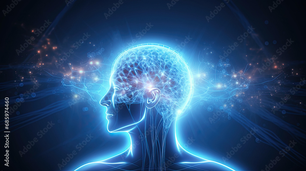 Human brain and neuronal interconnection with glowing lines. Abstract idea generation in the head Human brain and neuronal interconnection with glowing lines. Abstract idea generation in the head