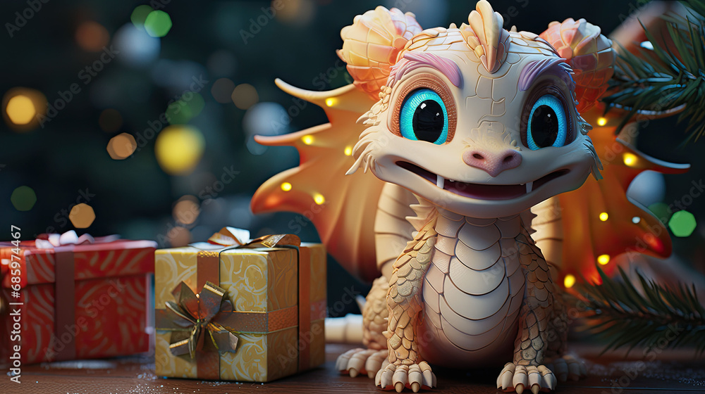Delighted dragon with autumnal hues surrounded by Christmas presents