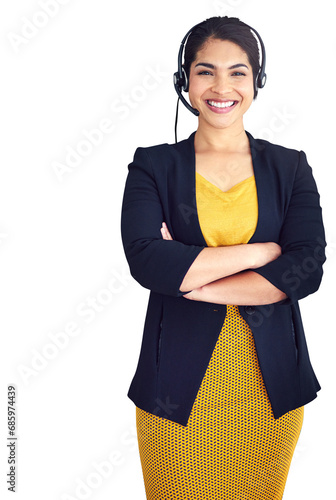 Businesswoman, headset and portrait with arms crossed for professional, consultant and telesales career. Mexican person, face or secretary in fashion style or isolated on transparent png background photo