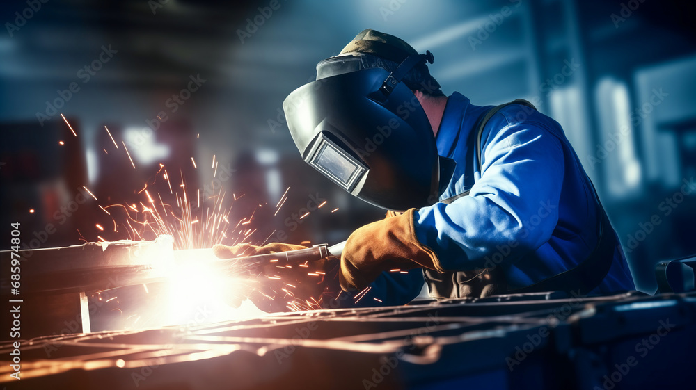 Worker welder with protective mask welding metal, light spark hot metal. Industry iron factory Worker welder with protective mask welding metal, light spark hot metal. Industry iron factory