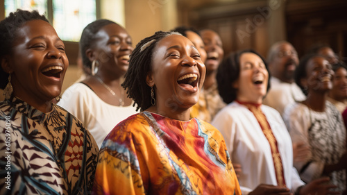 Black christian gospel singers of church praising Jesus Christ. Message of Christianity for christmas song music © Adin