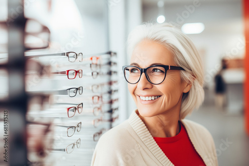 Portrait happy elder woman choosing glasses for vision eye at optical store