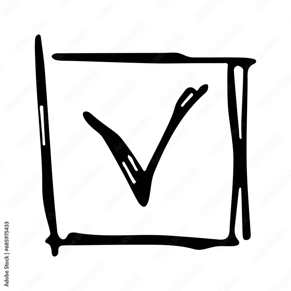 Hand drawn check mark illustration. Marker right sign clipart. Ink