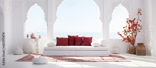 Moroccan-inspired oriental-style decorations with Turkish and Arabic influences in a white room. photo