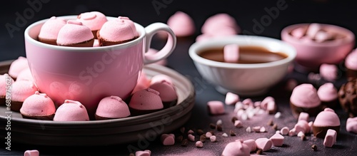 Preparing hot chocolate bombs by filling pink chocolate shells with hot chocolate mix and mini marshmallows.