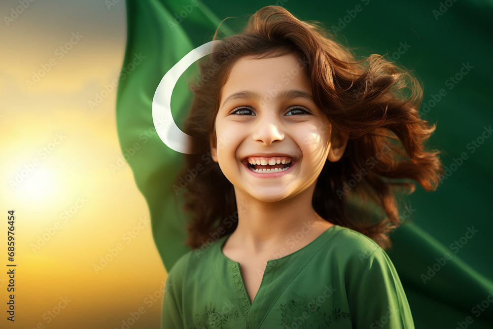 Portrait happy child boy on background Pakistan flag. Unity and Independence Day concept Portrait happy child boy on background Pakistan flag. Unity and Independence Day concept