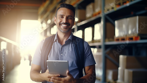 Happy man factory manager using digital tablet in warehouse. Concept banner modern industrial plant process, sunlight