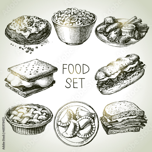 Hand drawn food sketch set of steak sub sandwich, apple pie, smores, macaroni and cheese, buffalo chicken wings, pierogi dumplings, backed potato, beef sandwich. Vector vintage illustrations