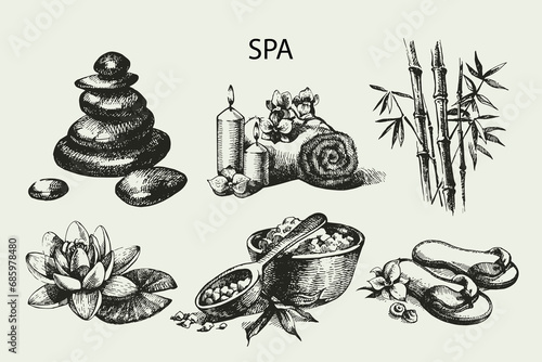 Spa sketch icon set. Beauty vintage hand drawn illustrations