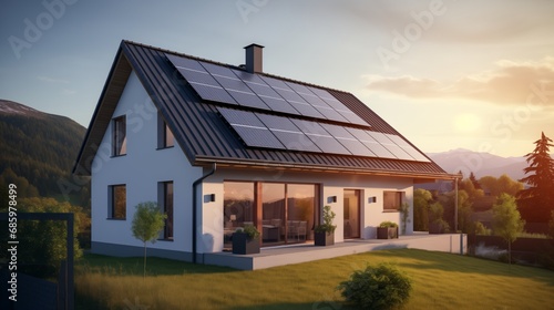 Photovoltaic panels on the roof.Roof Of Solar Panels.Solar panels, green energy for home,white background,3d illustration. 