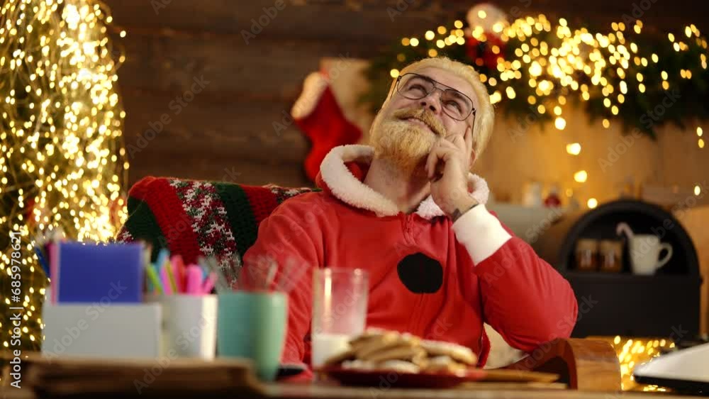 Portrait of Santa Claus with gifts at home near Christmas tree. New Year Holiday. Portrait of Santa Claus with gifts at home near Christmas tree. New Year Holiday.