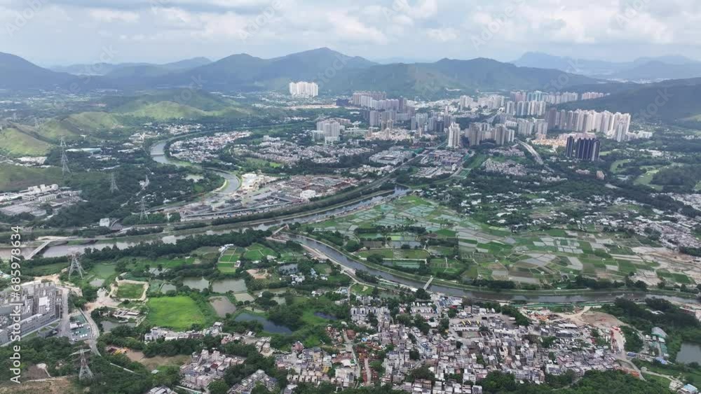 Kwu Tung North Sheung Shui Fanling New Territories Areas near Shenzhen and Lo Wu Hong Kong, Northern Metropolis Development in Lok Ma Chau, Man Kam To and San Tin, A land for future housing, Aerial dr Kwu Tung North Sheung Shui Fanling New Territories Areas near Shenzhen and Lo Wu Hong Kong, Northern Metropolis Development in Lok Ma Chau, Man Kam To and San Tin, A land for future housing, Aerial dr