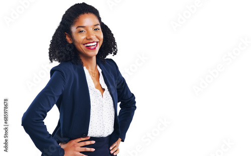 Happy black woman, portrait and business confidence standing isolated on a transparent PNG background. African female person or professional employee smile with hands on hips in corporate management photo