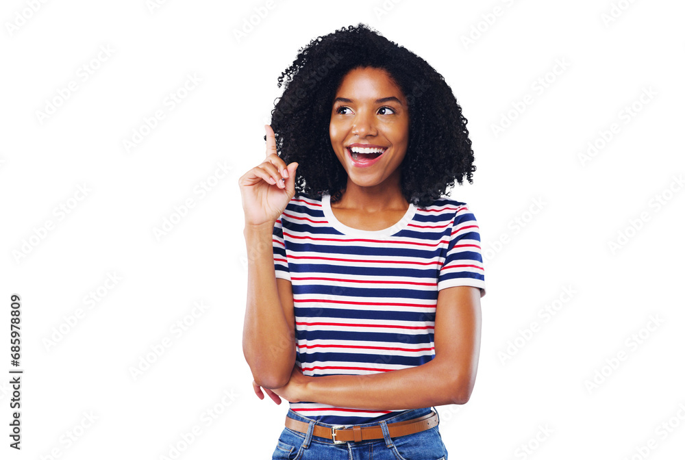 Happy black woman, thinking and pointing up for idea or solution isolated on a transparent PNG background. African female person or model smile with hand up for choice, memory or remember plan - obrazy, fototapety, plakaty 