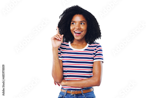 Happy black woman, thinking and pointing up for idea or solution isolated on a transparent PNG background. African female person or model smile with hand up for choice, memory or remember plan photo