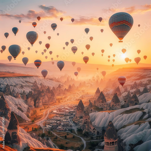 A flock of hot air balloons soaring over the otherworldly landscape of Cappadocia, Turkey, at night, creating a truly magical scene.