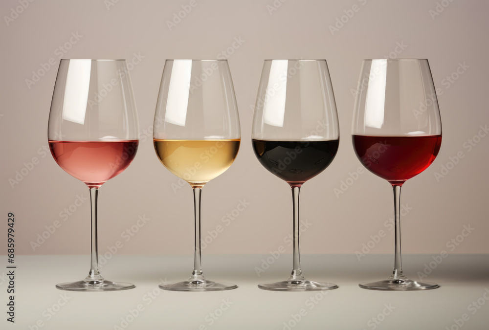 Four glasses of different colored wine with rose, white and red wine Four glasses of different colored wine with rose, white and red wine