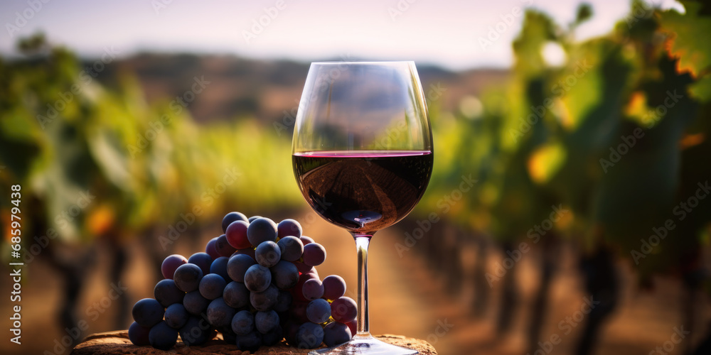 Close up of red wine glass decorated with grapes standing on a table between the vines