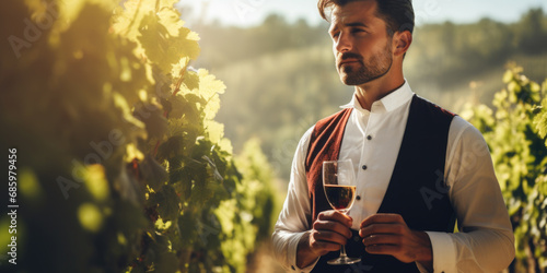 Winemaker in the vineyard tasting his white wine photo