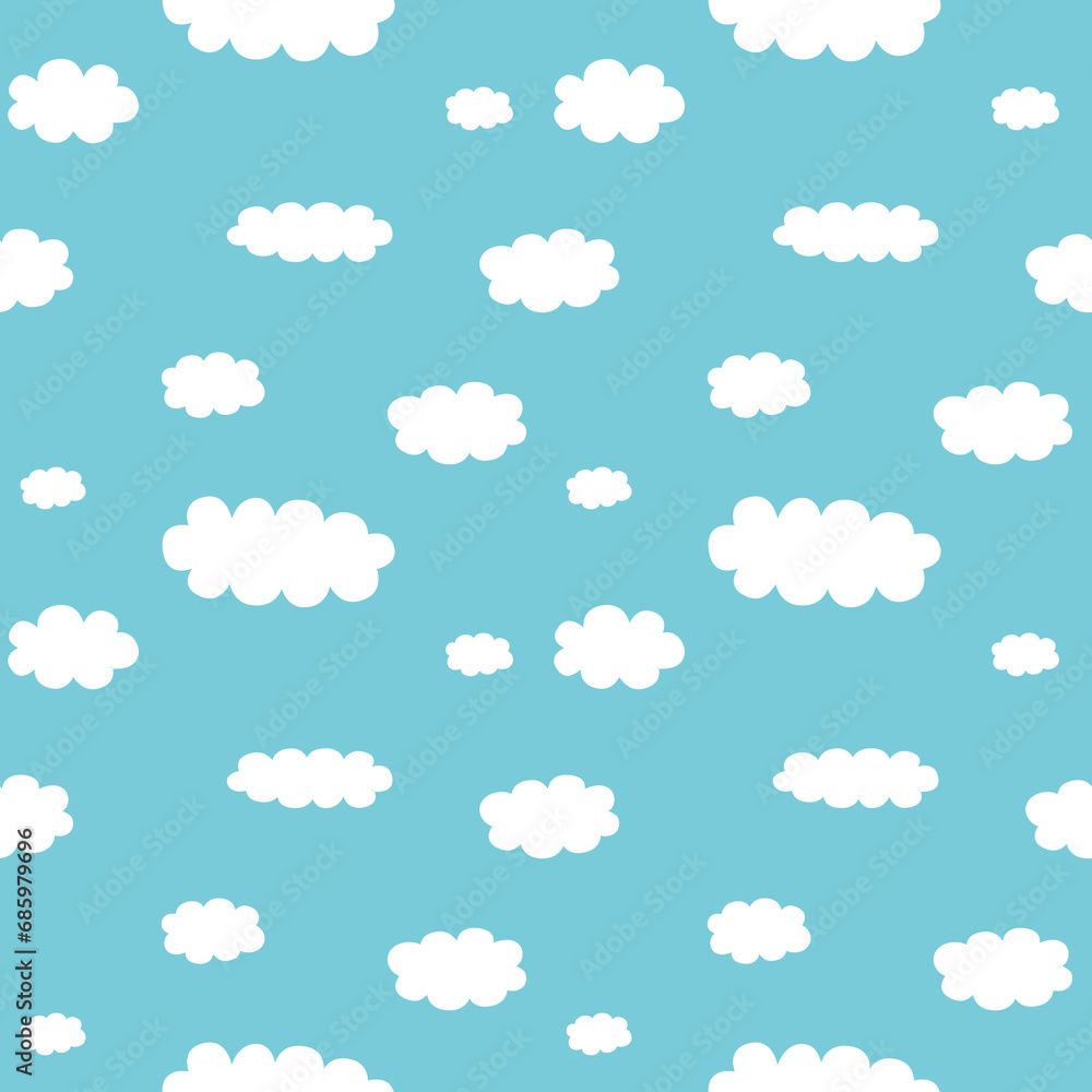 Cute cartoon white clouds on light blue background. Doodle seamless pattern vector. Minimal wallpaper. Design for fabric, textile, kid clothes, shirt, skirt, dress, bedsheet, pajamas, night suit.