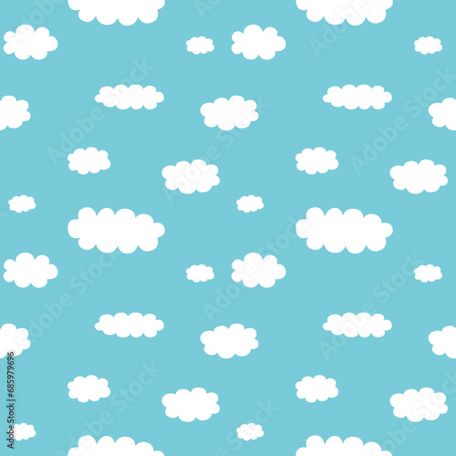 Cute cartoon white clouds on light blue background. Doodle seamless pattern vector. Minimal wallpaper. Design for fabric, textile, kid clothes, shirt, skirt, dress, bedsheet, pajamas, night suit.
