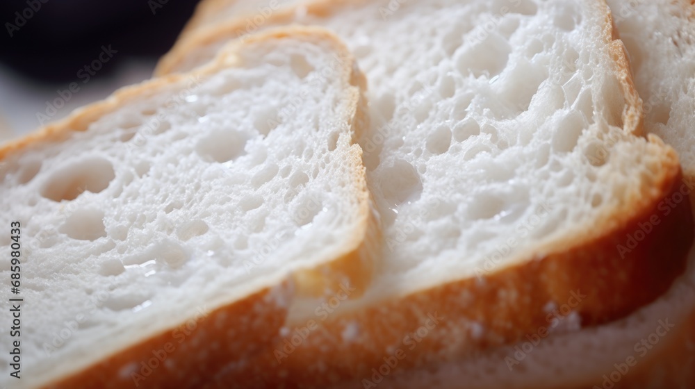 Close up of fluffy white bread slices, toasted edges, food background Close up of fluffy white bread slices, toasted edges, food background