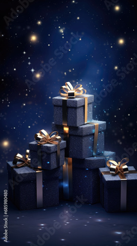 Christmas, New Year gift boxes holiday celestial cosmic background, copy space