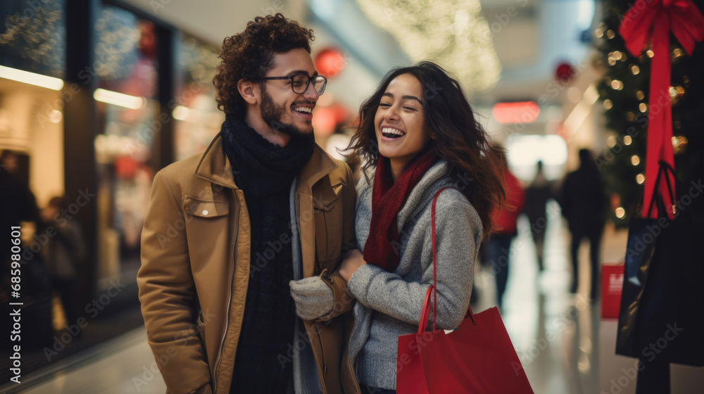 Happy young couple shopping during Christmas season at the shopping mall. Happy young couple shopping during Christmas season at the shopping mall.