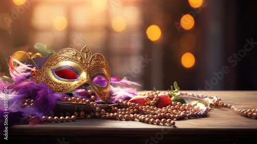 Carnival mask, colorful Mardi Gras beads and bokeh lights festive background © dvoevnore