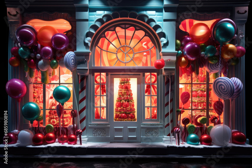 Christmas window display of a candy store