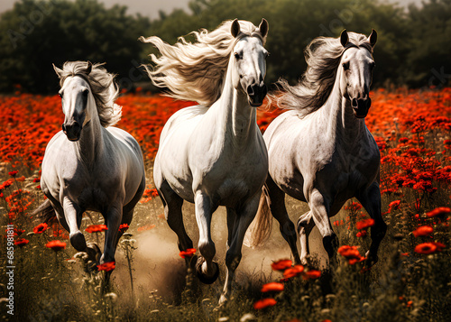 Three White Horses in a Lush Green Meadow with Vibrant Orange Flowers
