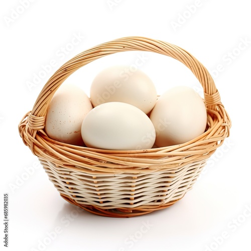 duck egg in a basket isolated on white background 