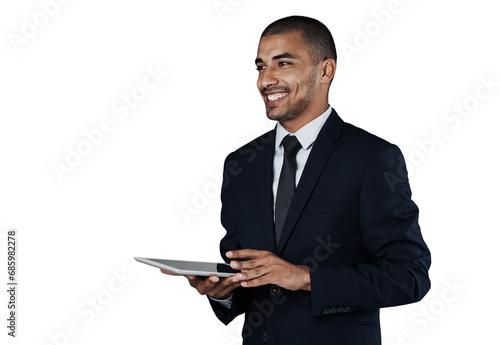 Business man, tablet and smile or thinking, connection and internet or digital technology. Male person, information and planning or research, networking and isolated on transparent png background