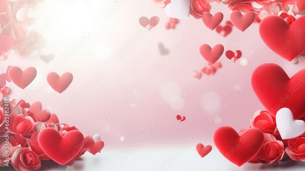 Valentines love day greeting card. Creative love composition with empty space for text. Beautiful bokeh background with roses and red and white hearts. Valentines love day greeting card. Creative love composition with empty space for text. Beautiful bokeh background with roses and red and white hearts.