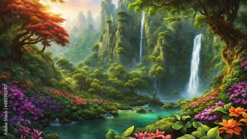 Vibrant wilderness. Bright colors of nature. Lush green foliage, colorful flowers and a cascading waterfall create a vibrant and vibrant depiction of the natural world. Generative AI, Generative, AI © Evgenii