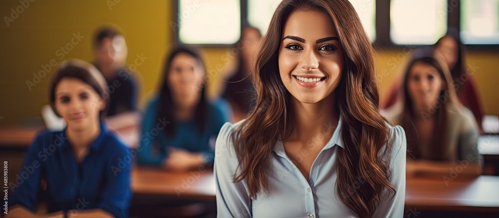 Fototapeta premium Intelligent Spanish woman student with a group of learners in a college classroom.